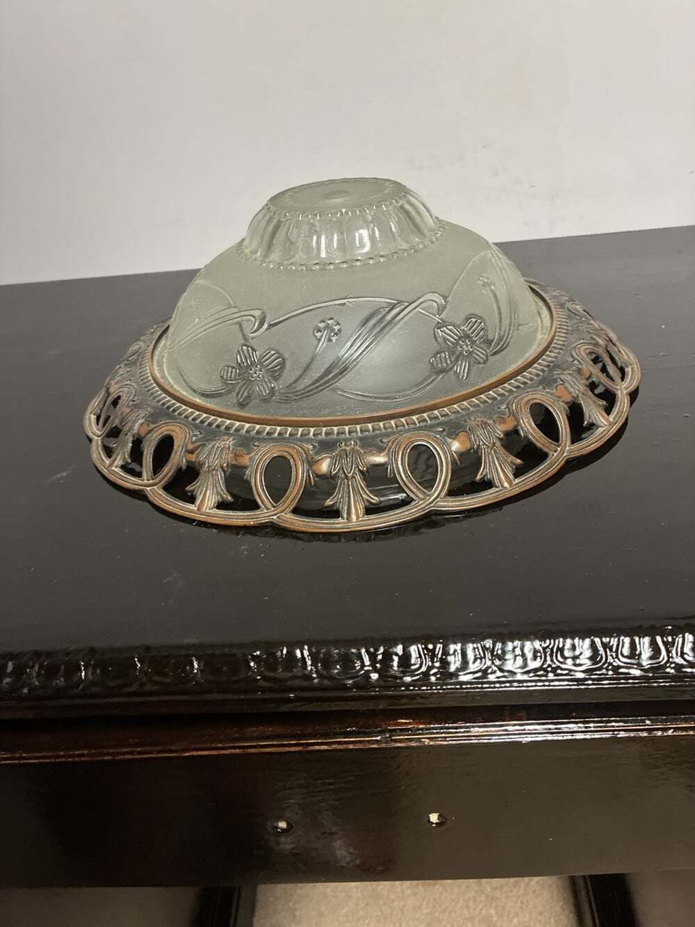 Vintage Art Deco Frosted Glass and Ornate Metal Ceiling Light Shade